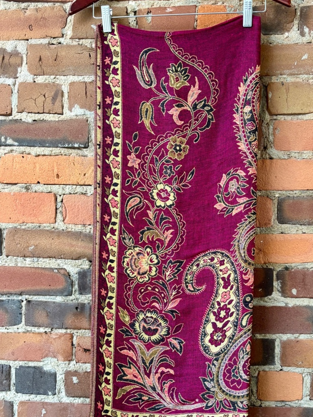 NWOT Magenta Paisley Pashmina & Silk Shawl with Gold Green Fringe. 72”x 28”.